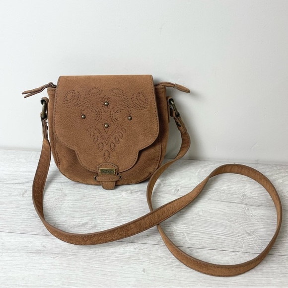 Roxy Handbags - ROXY Small Brown Faux Suede Studded Crossbody Purse